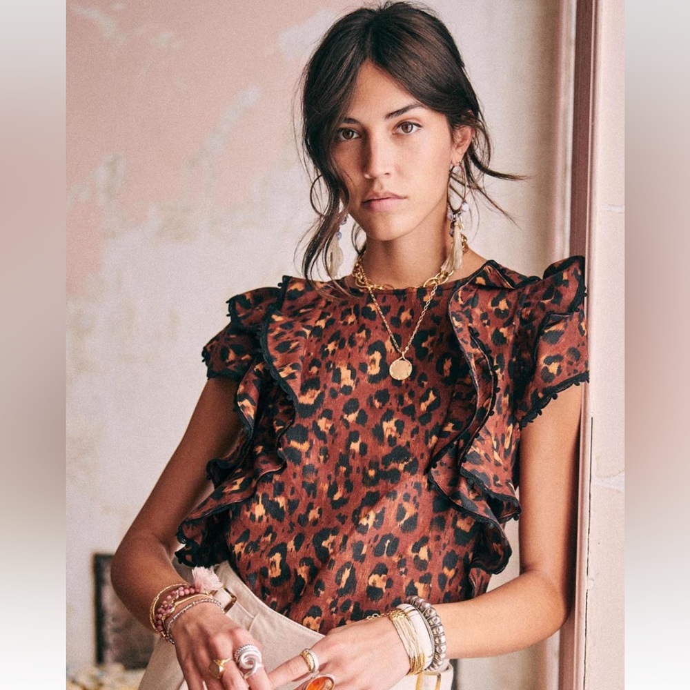 SEZANE Clarita Leopard Ruffle Blouse 36 4 S XS